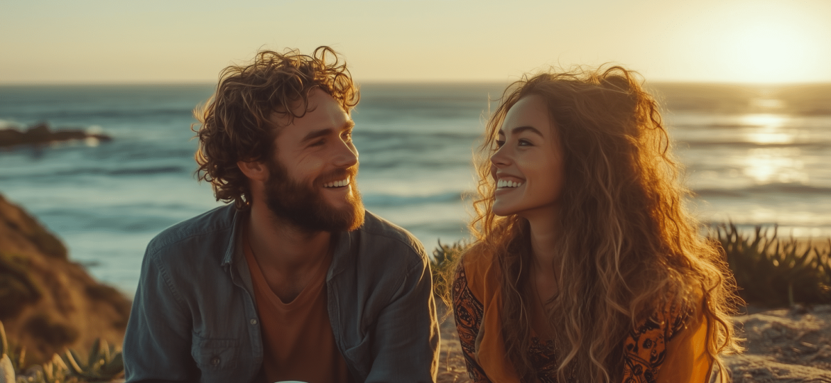 A couple connecting on a date, reflecting current dating trends that emphasize authentic relationships and shared experiences.