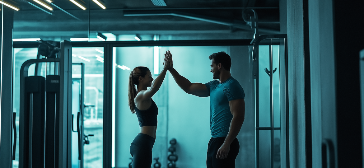 A man and woman high fiving at the gym signaling potential flirting